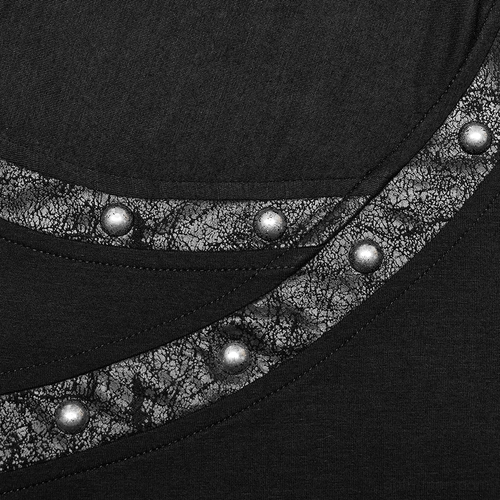 Close-up detail of cracked leather strap with semi-circular metal rivets on gothic punk t-shirt