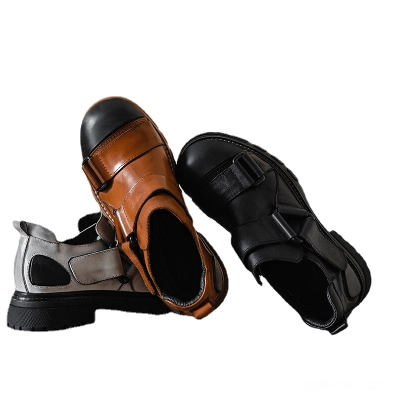 Mixed gothic punk leather loafers display featuring tan brown, gray and black shoes with chunky lug soles and velcro closures