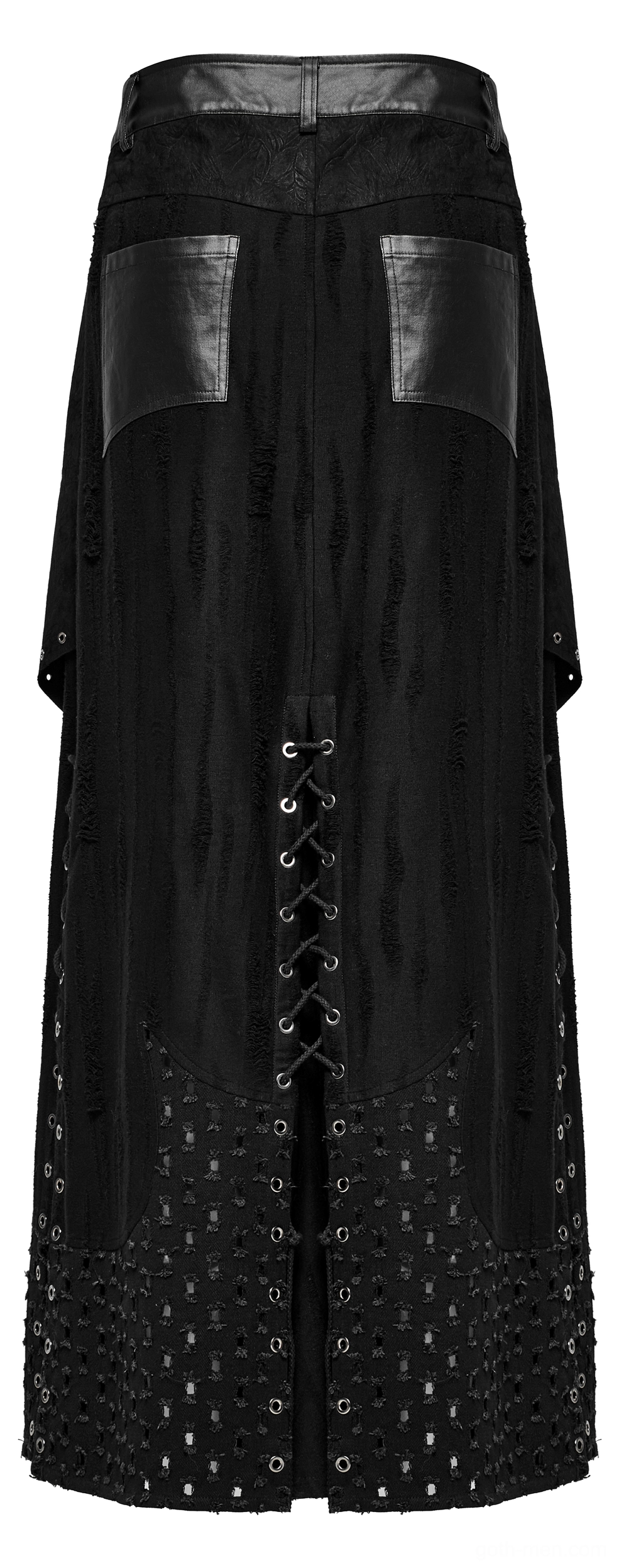 Black gothic punk maxi skirt back flat lay detail showing leather back pockets and rear eyelet grommet design