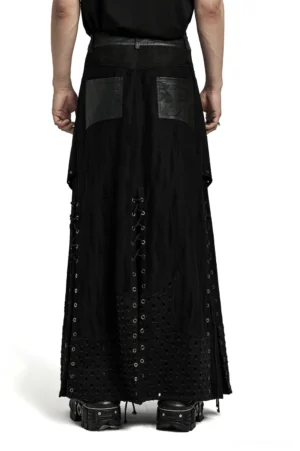 Black gothic punk skirt back view on model showing leather back pockets and rear grommet details