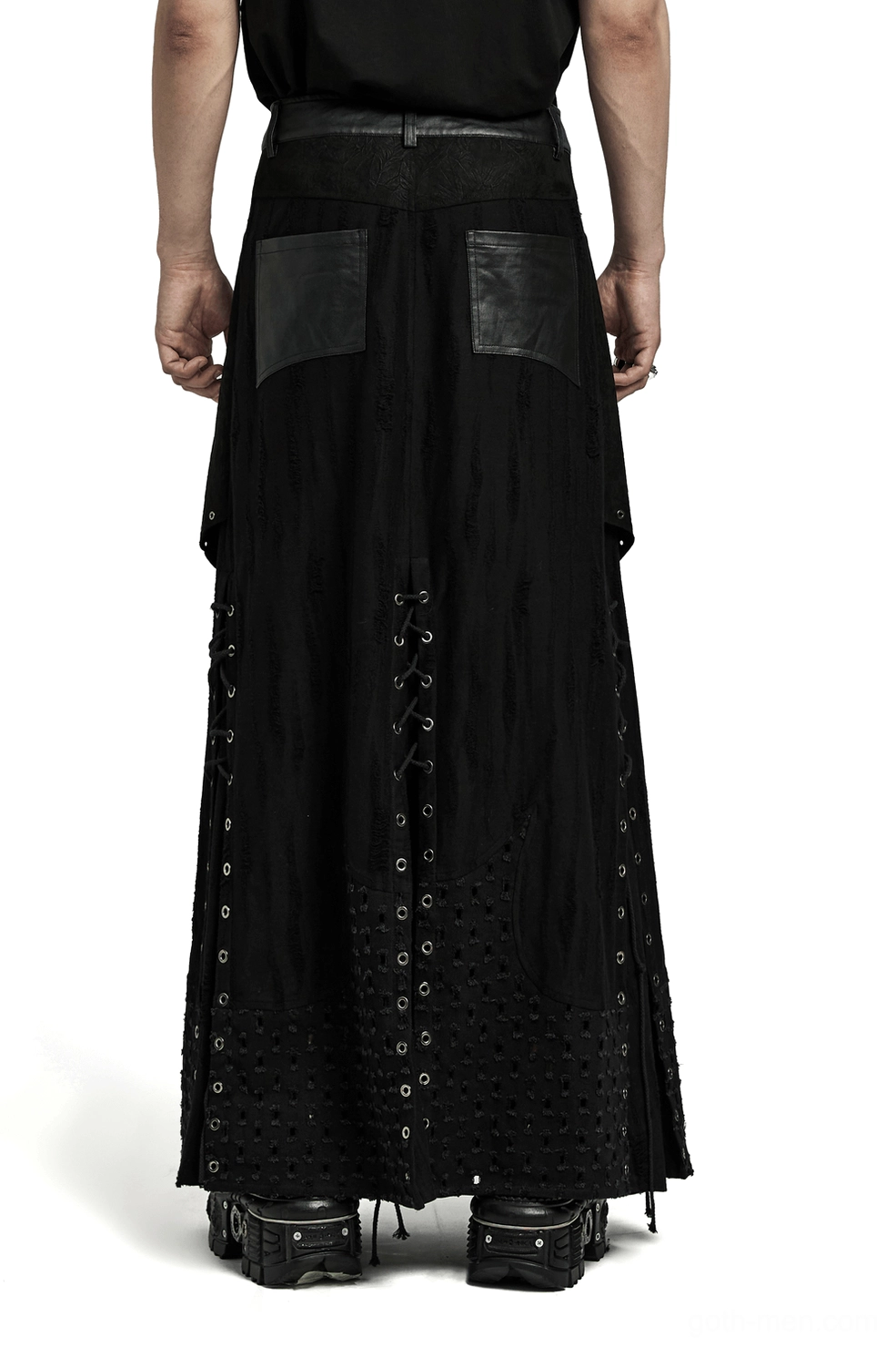 Black gothic punk skirt back view on model showing leather back pockets and rear grommet details