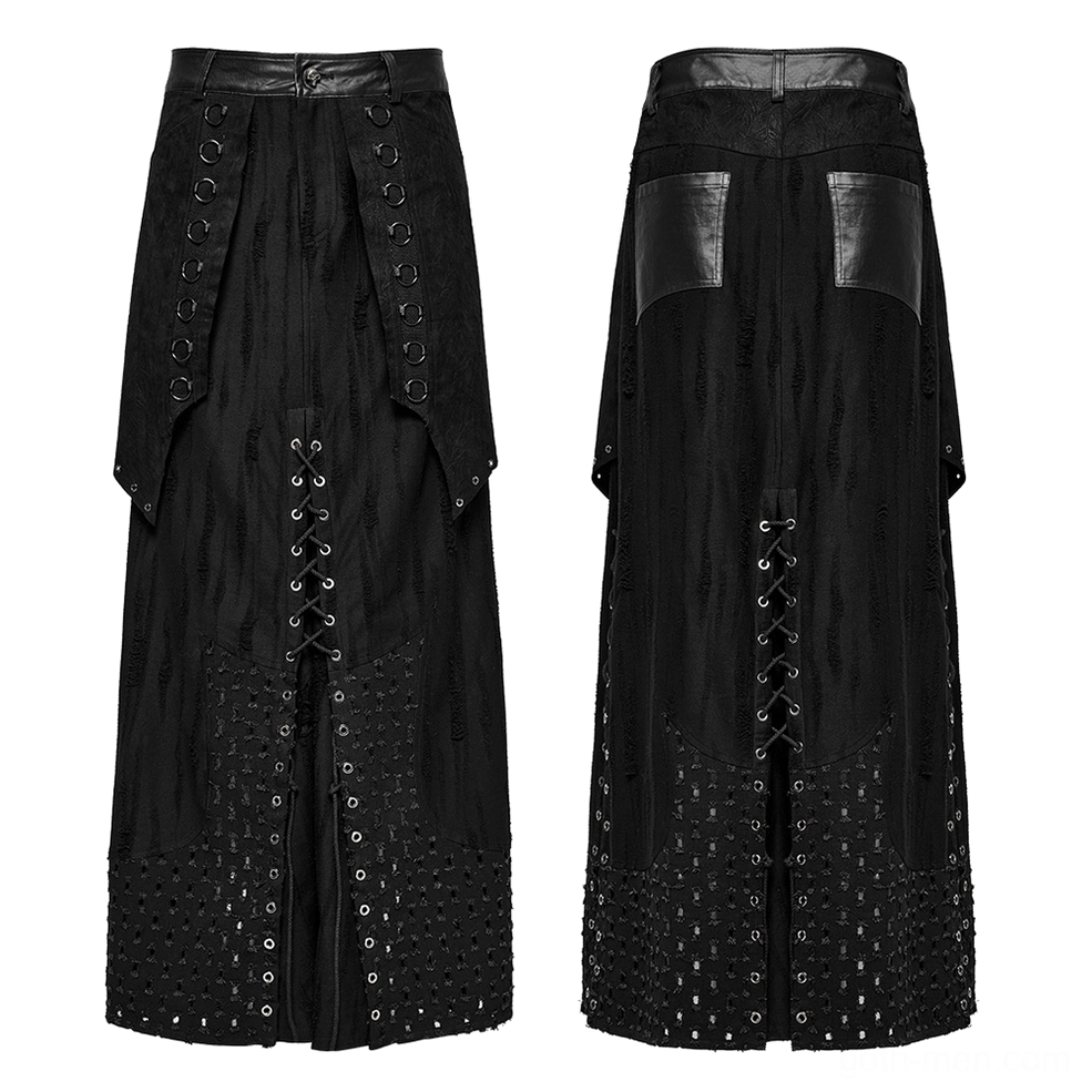 Black gothic punk layered maxi skirt flat lay comparison showing front and back product views with metal hardware