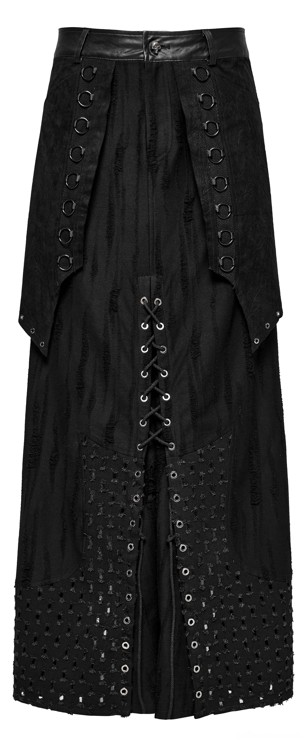 Black gothic punk maxi skirt front flat lay detail view showing lace-up front, metal eyelets, and leather waistband