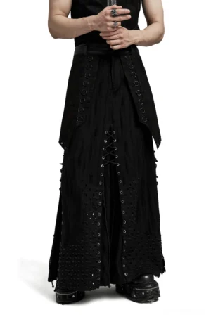 Black gothic punk layered maxi skirt full-body front view on male model with metal eyelets and lace-up front panel