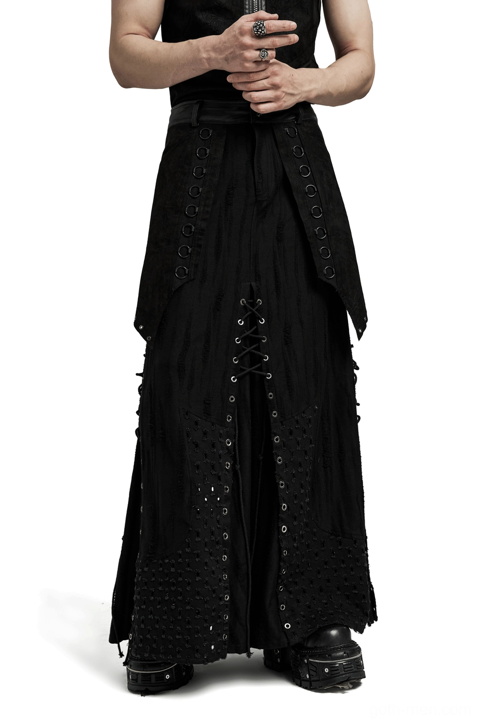 Black gothic punk layered maxi skirt full-body front view on male model with metal eyelets and lace-up front panel