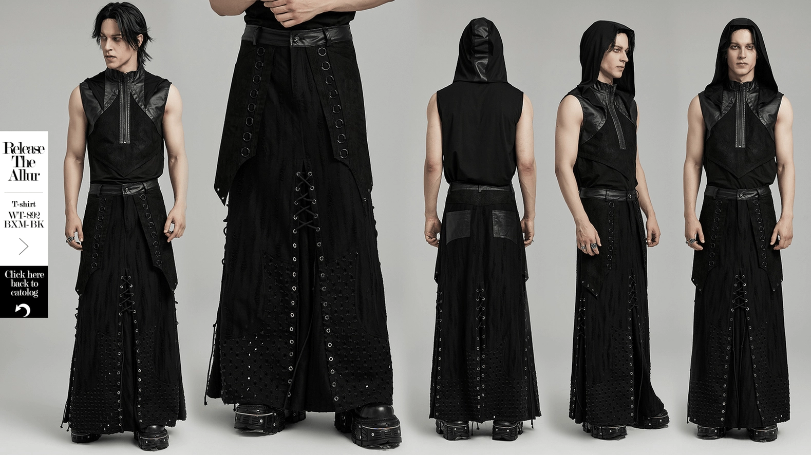 Black gothic punk layered maxi skirt full-length studio view highlighting dramatic floor-grazing silhouette and metal hardware