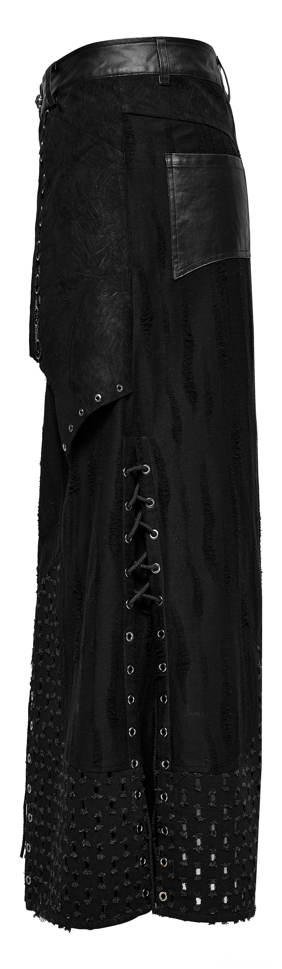 Black gothic punk layered maxi skirt side view flat lay showcasing vertical lace-up trim and textured leather side panel