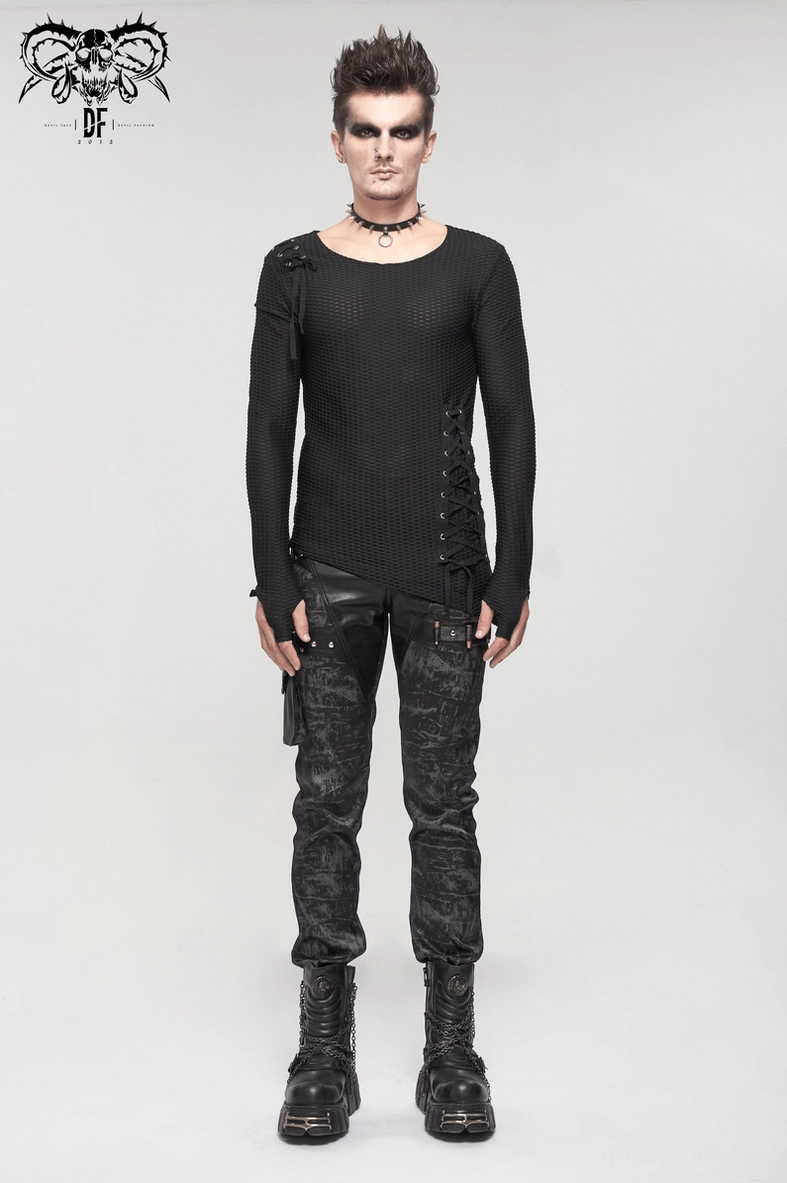 Gothic punk men's black pants with fitted cut and leather trim details, front three-quarter view