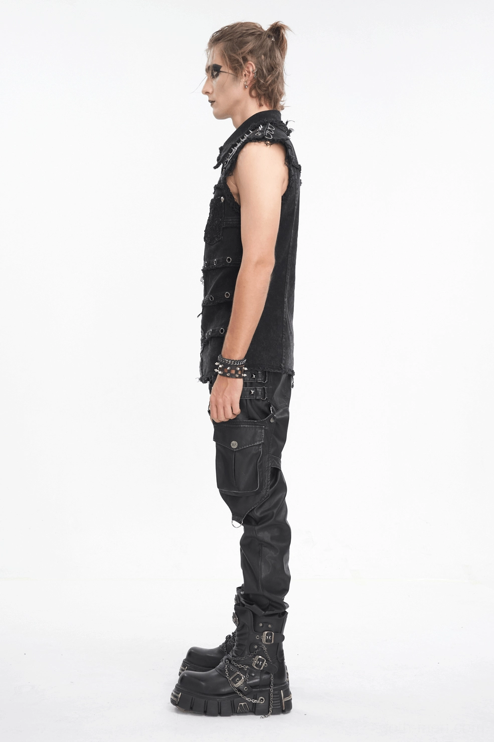 Gothic punk rock men's black studded vest - three-quarter back view