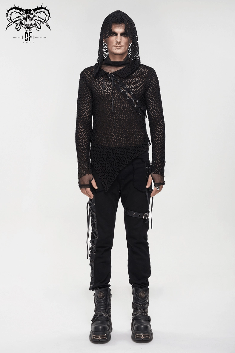 Black mesh hooded lacing top alternative angle showing construction details and fit