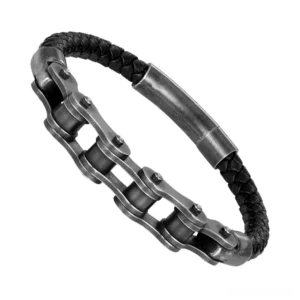 Men's gothic biker chain leather bracelet side angle shot, showing braided leather texture and bicycle chain stainless steel decor detail