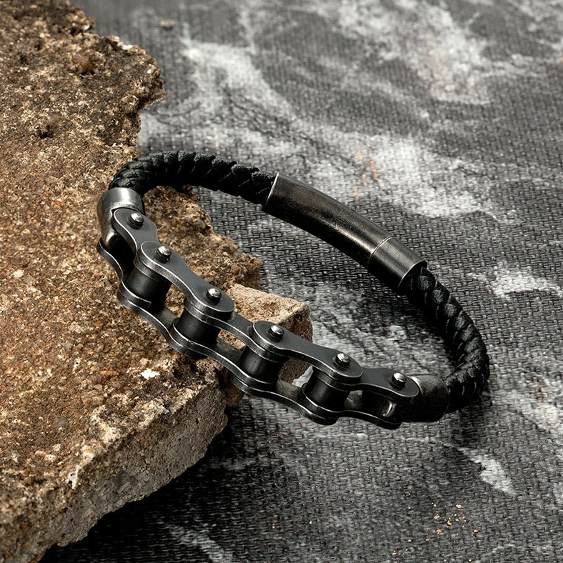 Men's genuine leather braided gothic punk bracelet with motorcycle chain hardware, multiple size options shown, rust-proof stainless steel