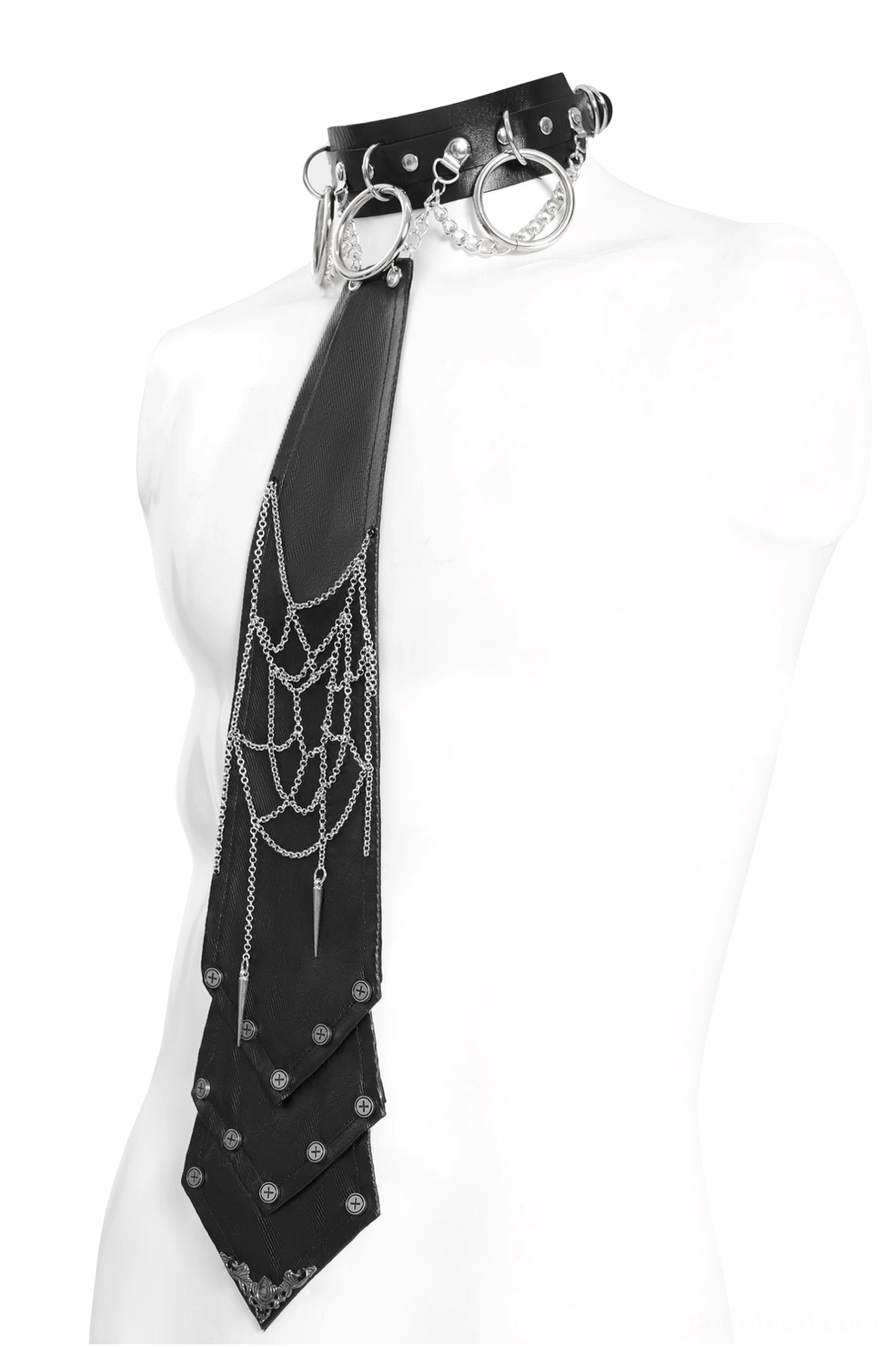 Side angle view of black leather punk necktie choker set showing silver ring collar and adjustable strap hardware