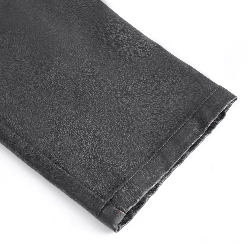 Additional cargo pocket and side detail view of men's gothic punk faux leather pants construction