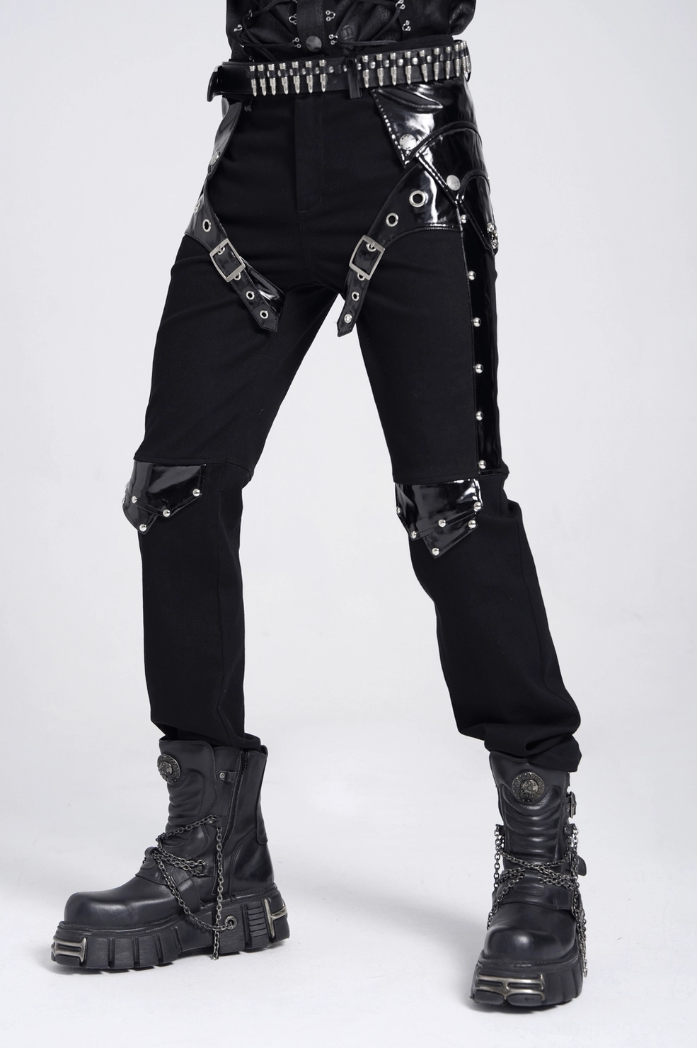Gothic punk leather pants showing complete harness buckle system and alternative style design