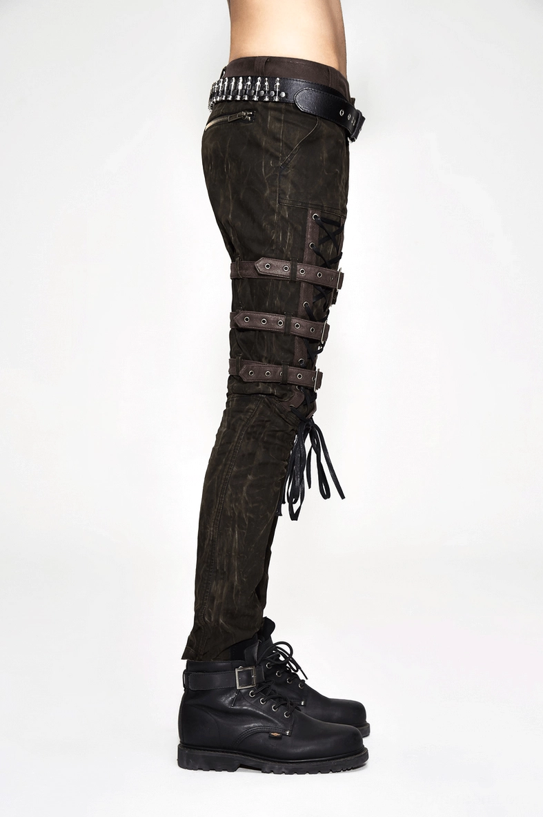 Gothic punk cargo pants styling detail showing how metal buckles and lace-up straps create industrial steampunk aesthetic