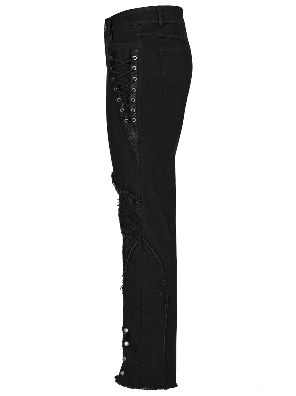 Side profile flat lay of spider mesh pants displaying metal eyelets, lace-up cord, and leather strap trim