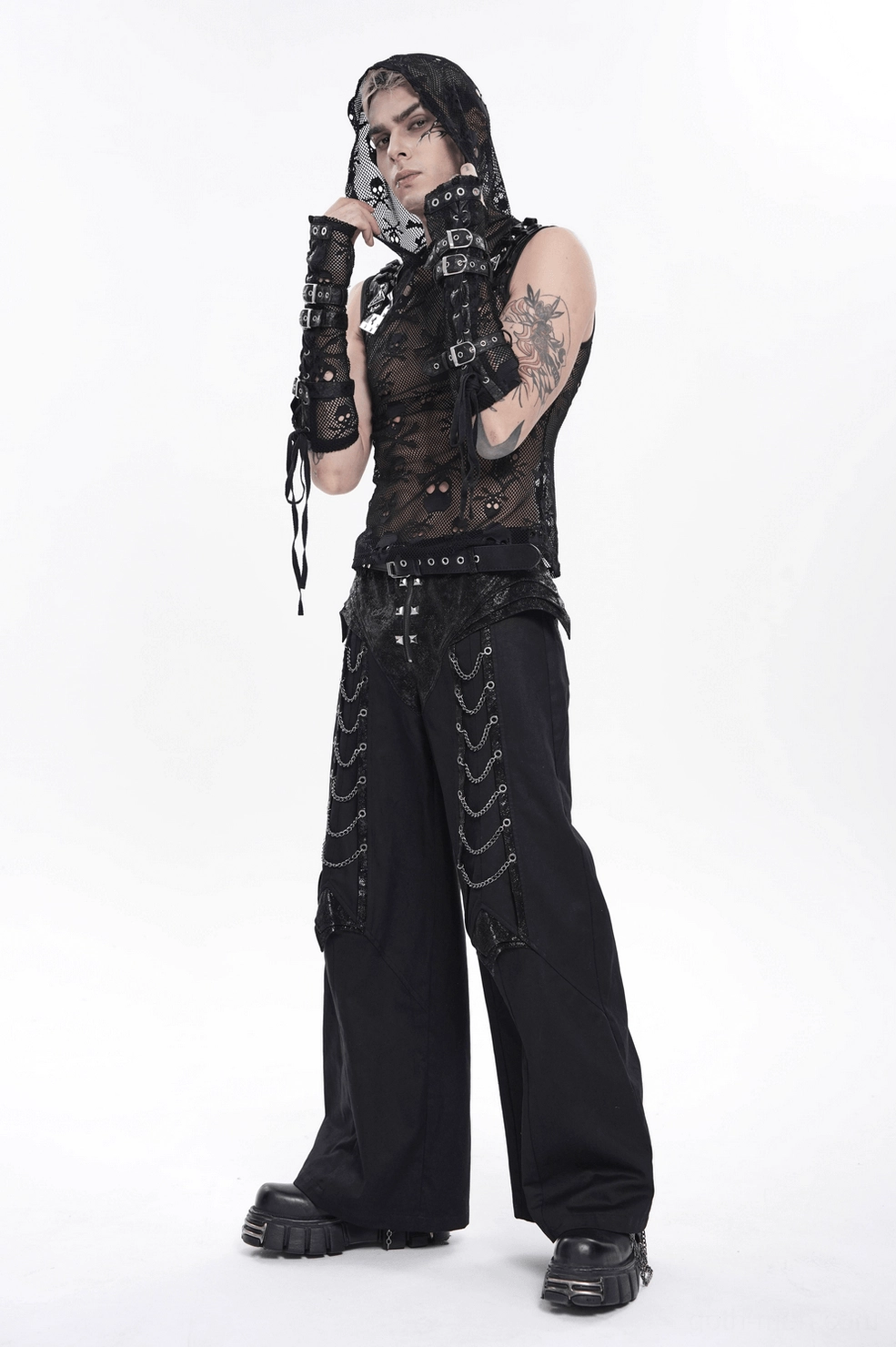 Black gothic punk wide leg pants zipper fly and structured waistband with studs