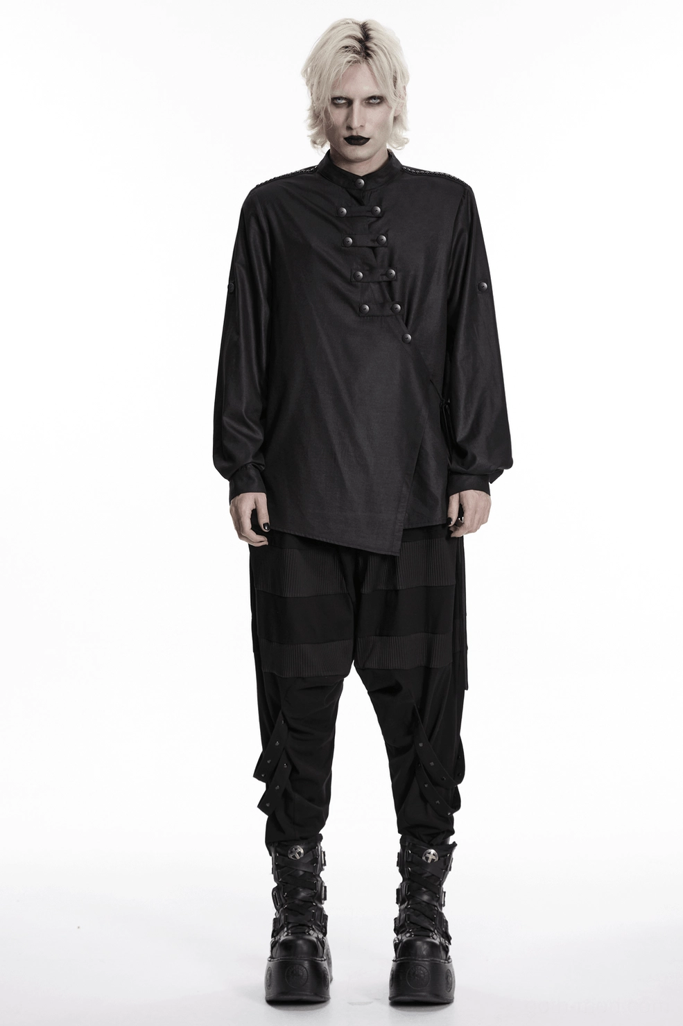 Black asymmetric gothic punk shirt full front view displaying double-row buttons and architectural silhouette design