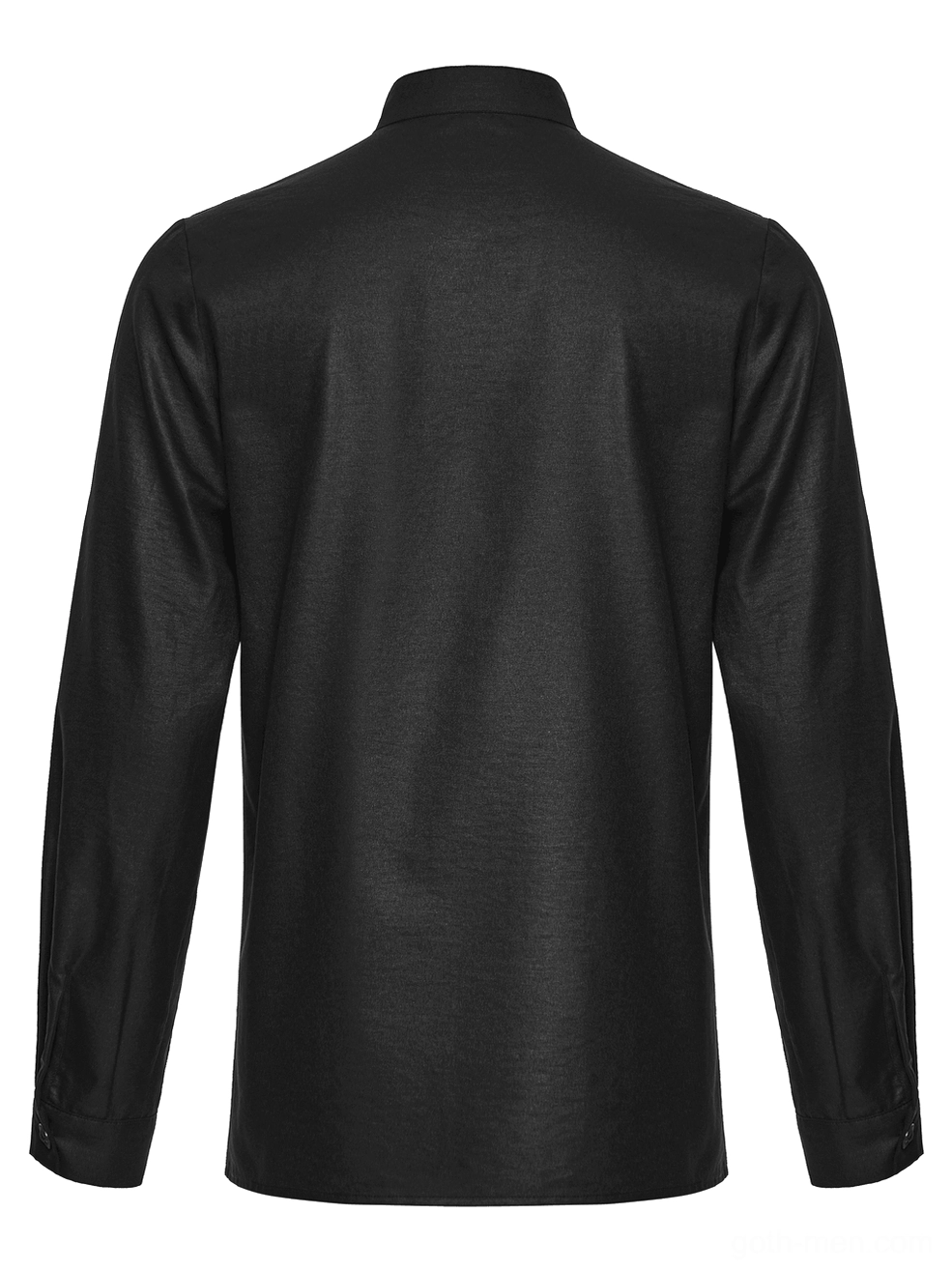 Black gothic punk shirt back flat lay with plain back panel and long sleeves in solid matte black woven fabric