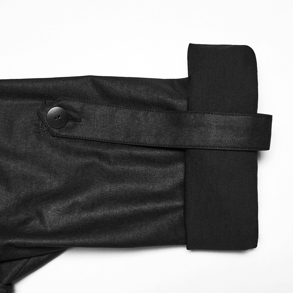 Black gothic punk shirt showcasing adjustable cuff strap mechanism and sleeve customization feature
