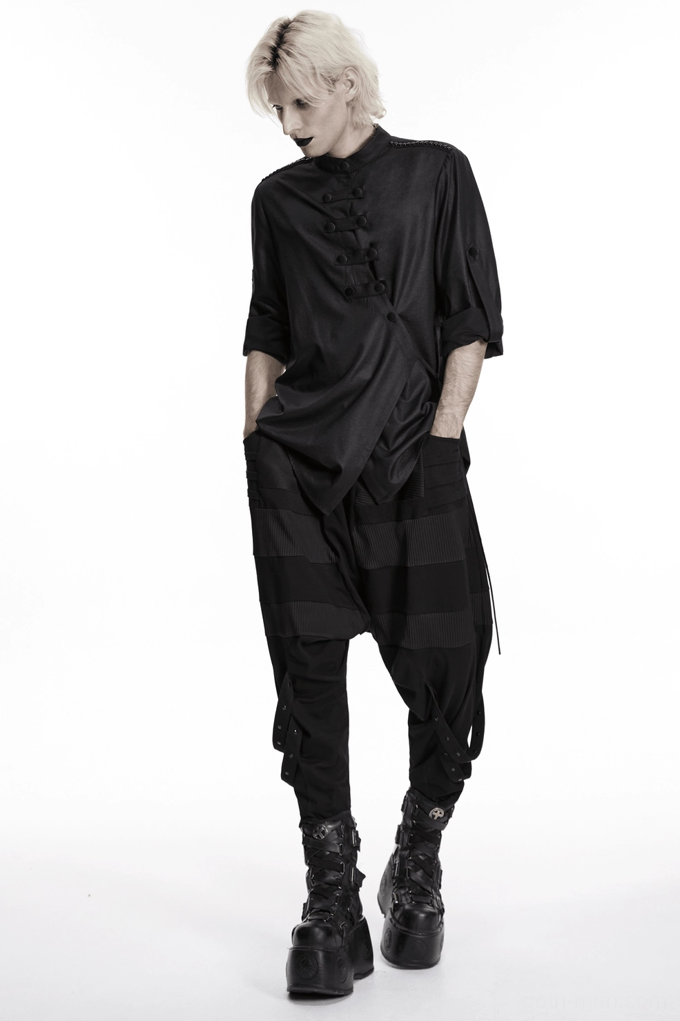 Black gothic punk shirt textured detail view of woven fabric surface and matte button array