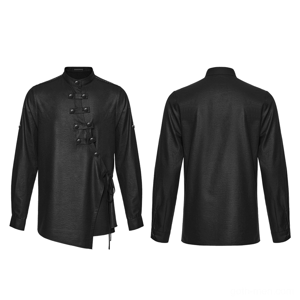 Black asymmetric gothic punk shirt flat lay front and back view with side drawstring and hardware details