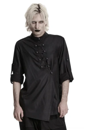 Black asymmetric gothic punk shirt with hardware straps, front view on male model featuring stand collar and double-row matte buttons