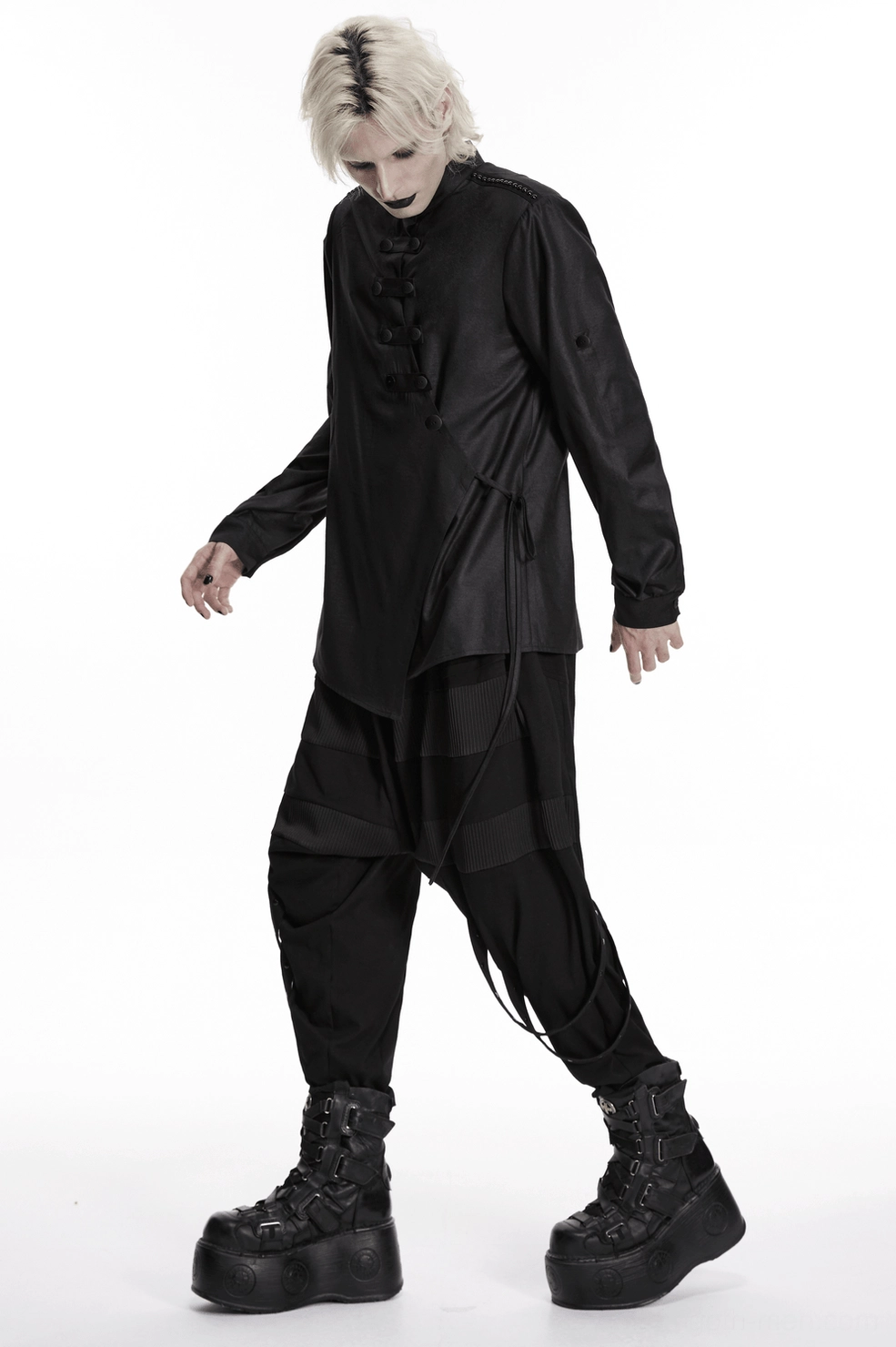 Black gothic punk shirt quarter view highlighting side drawstring detail and asymmetric hem line