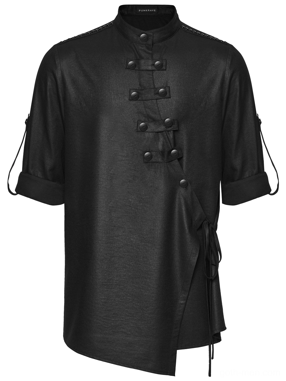 Black gothic punk shirt with rolled short sleeves and adjustable side drawstring detail, flat lay front view