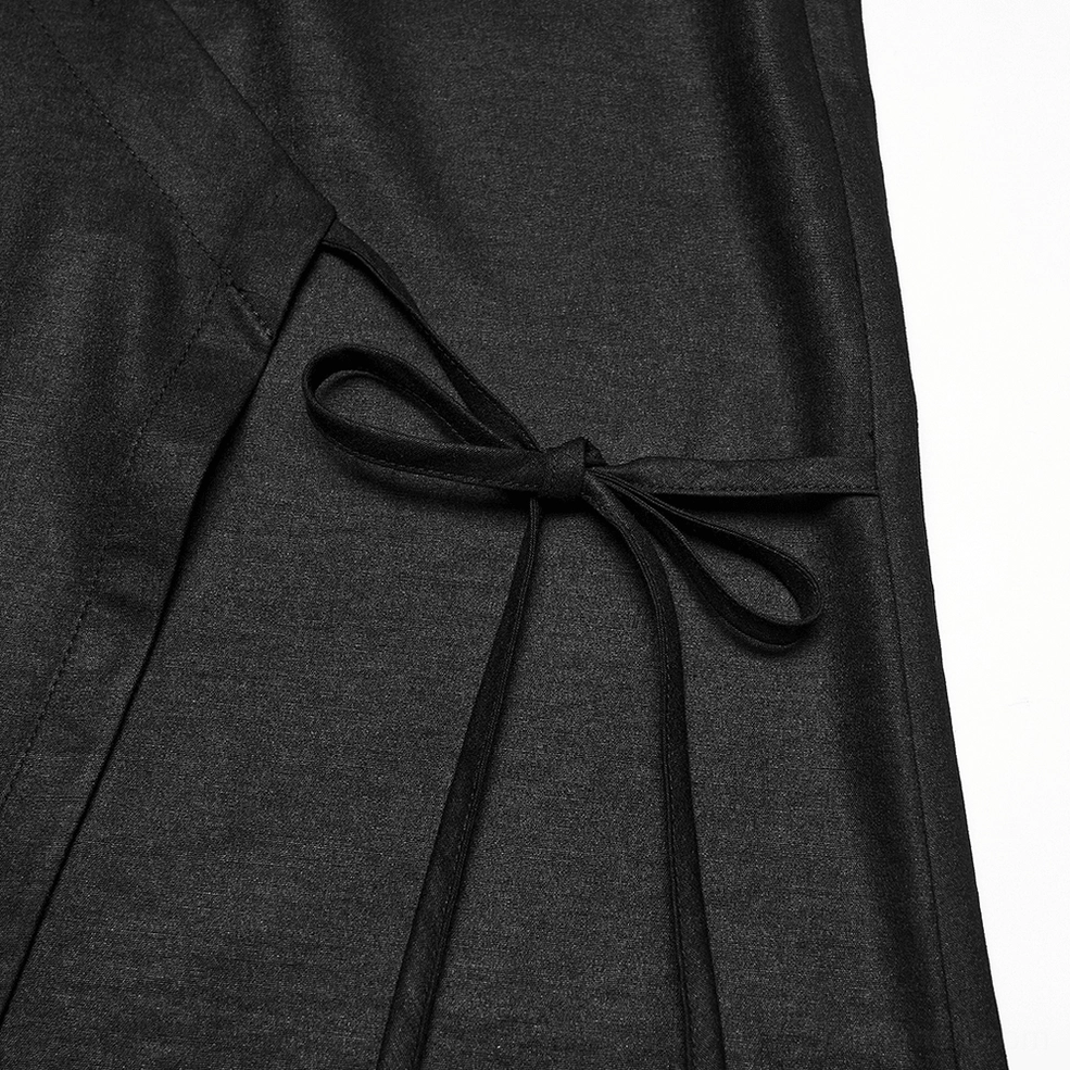 Close-up side view of black gothic punk shirt showing fabric drawstring bow and matte woven fabric stitching details