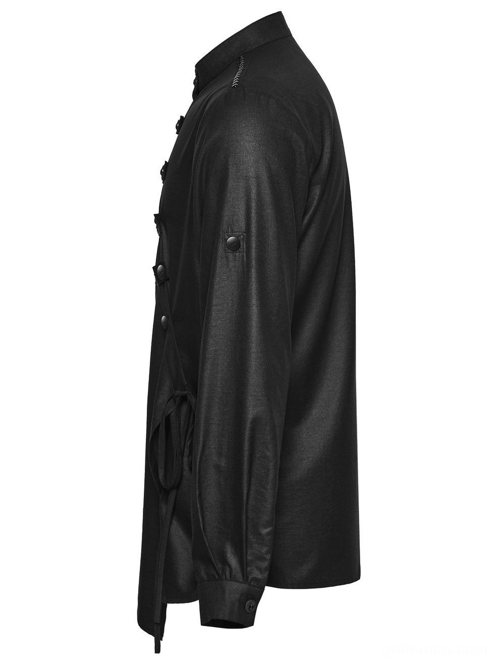 Black gothic punk shirt side view showcasing adjustable sleeve fasteners and tailored silhouette with woven fabric texture