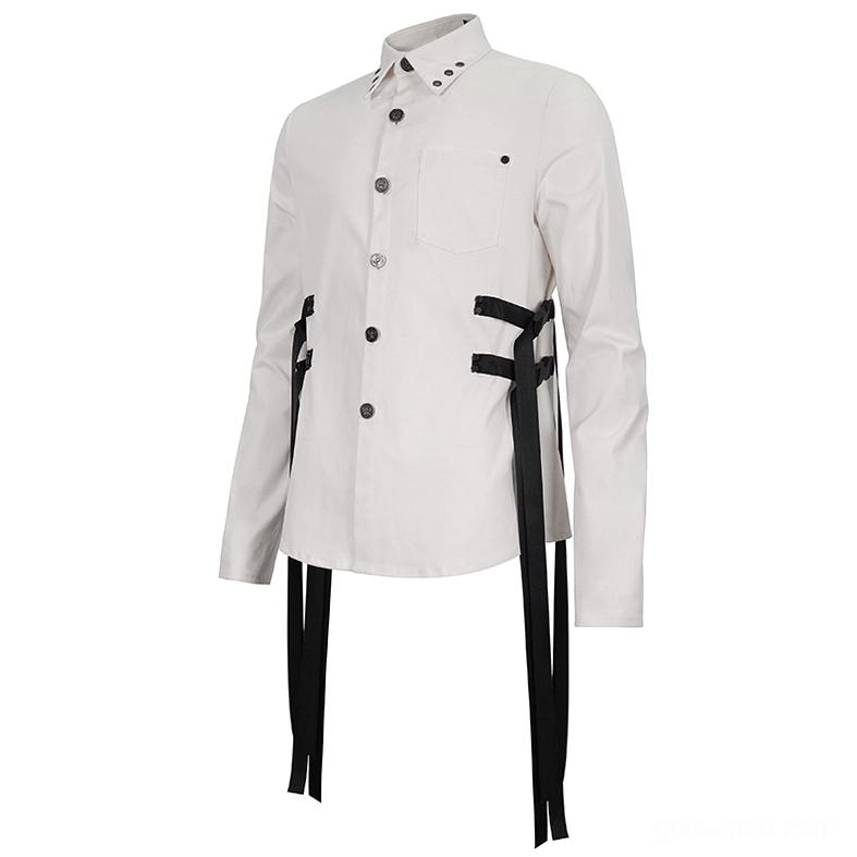 Close-up detail of white gothic punk shirt collar and front placket showing metal eyelets and buttons