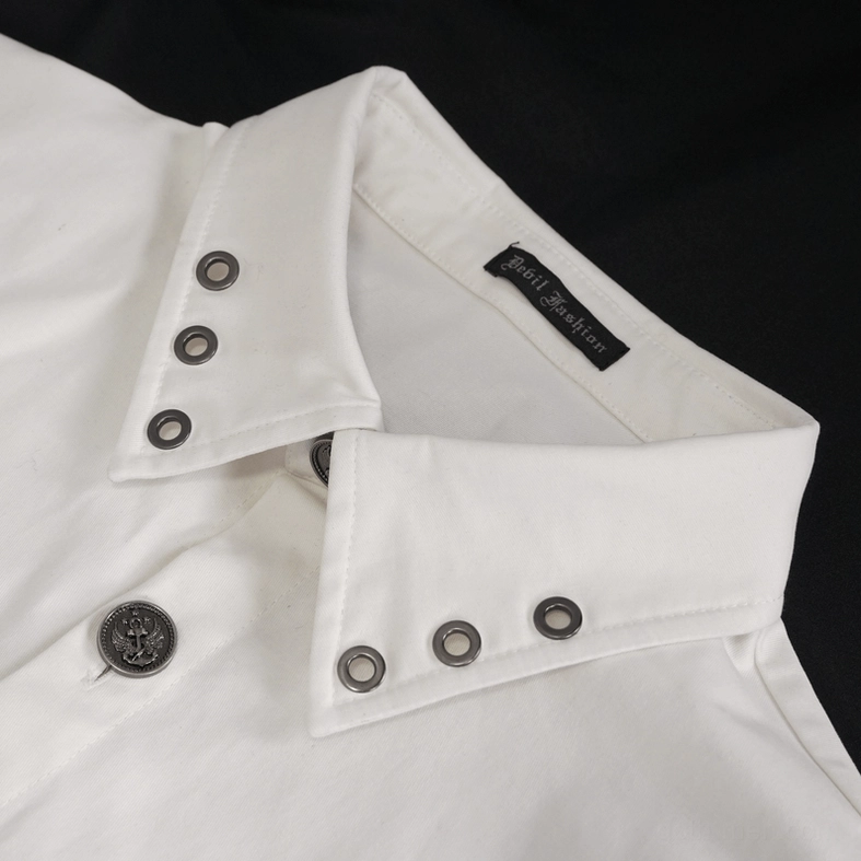 Close-up detail shot of white gothic punk shirt collar section with branded interior tag and vintage metal front buttons