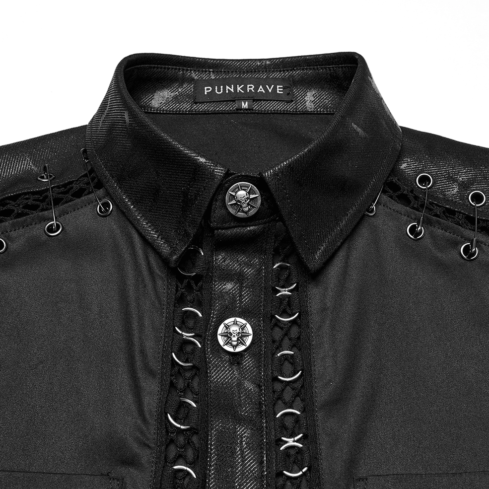Close-up detail of gothic punk shirt collar and placket with PUNKRAVE brand tag and star-shaped metal buttons