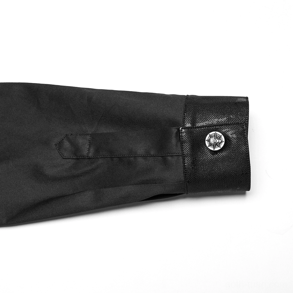 Close-up cuff detail of gothic punk shirt featuring faux leather cuff, star-shaped metal button, and sleeve button closure
