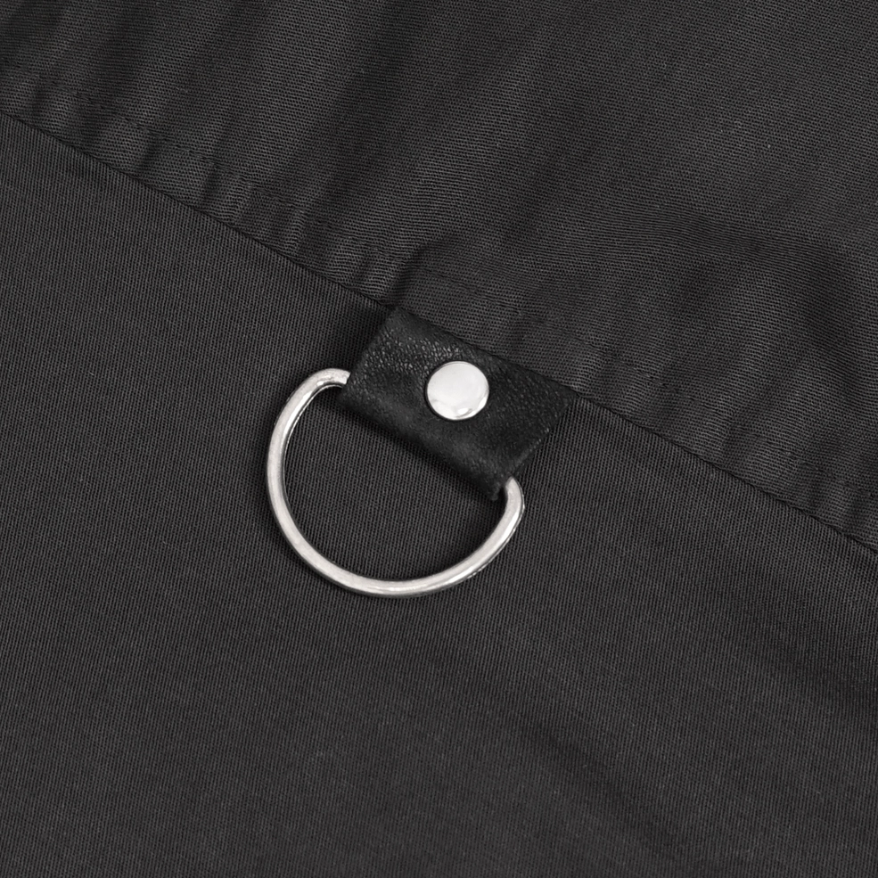 Black gothic punk short sleeve shirt cuff and sleeve width measurement detail on flat surface