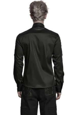 Black gothic punk dress shirt rear view showing clean back panel and fitted silhouette with buttoned cuffs