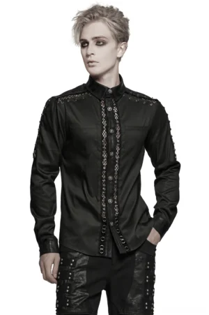 Black gothic punk shirt with eyelet lace front placket and studded shoulder accents, front three-quarter view on model