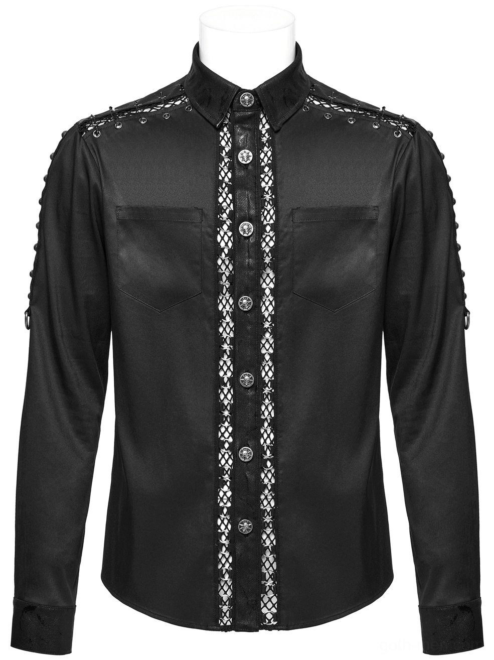 Black gothic punk shirt front flat lay showcasing eyelet lace trim, metal buttons, and chest patch pocket details