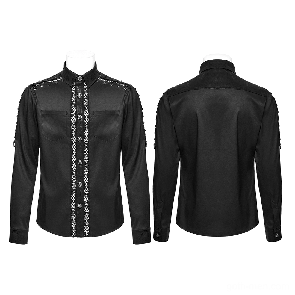 Black gothic punk shirt displayed on mannequins showing front lace eyelet trim and metal button placket detail