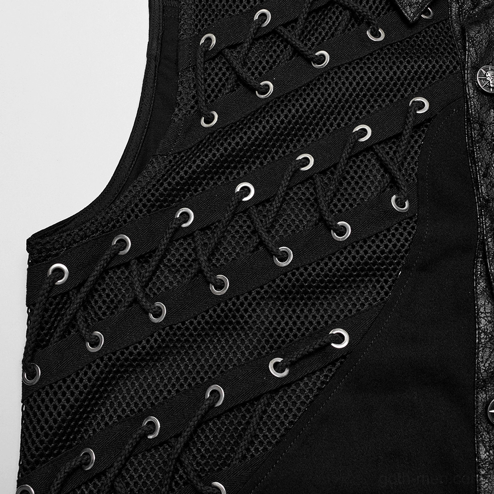 Mesh lace-up panel close-up of gothic punk sleeveless shirt showing black mesh, metal eyelets, and grommet construction