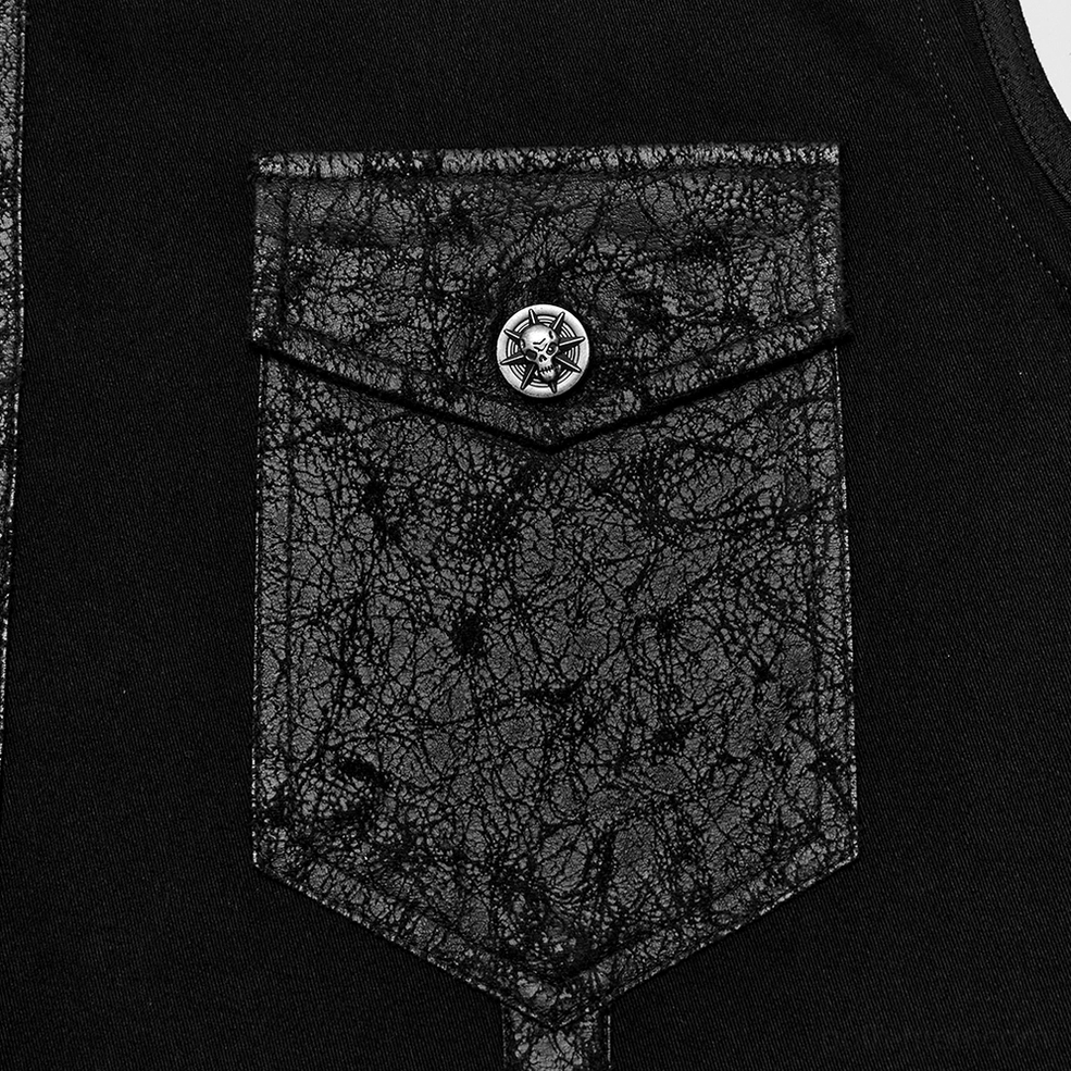 Close-up of gothic punk shirt chest flap pocket featuring cracked leather texture and pentagram metal button