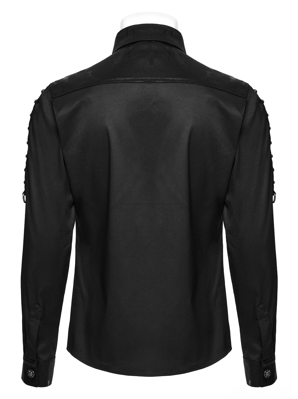 Black gothic punk shirt rear flat view on mannequin showing clean back panel and matte fabric finish with buttoned cuffs
