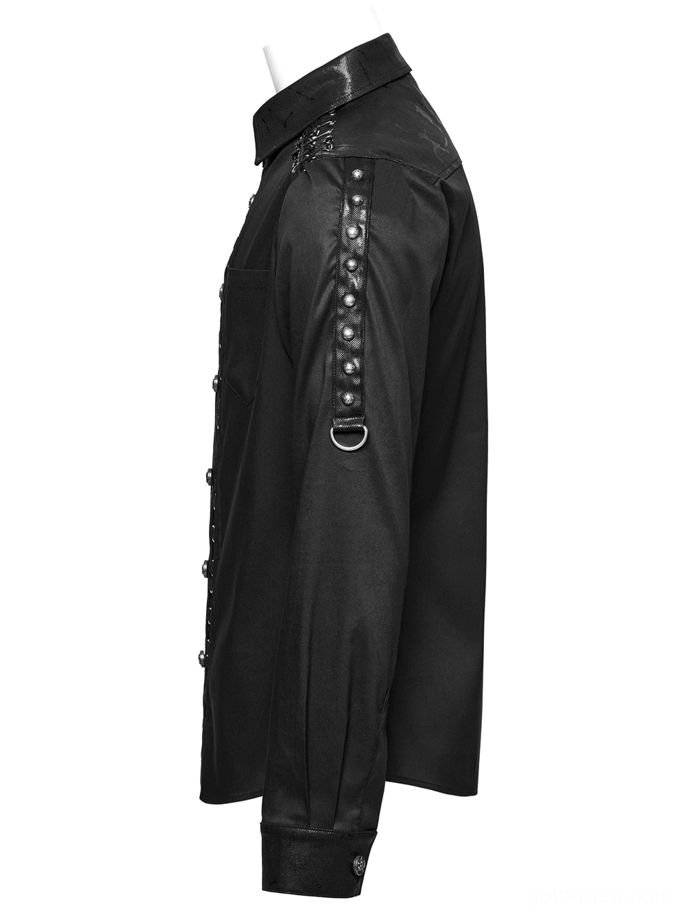 Gothic punk shirt side profile view on mannequin highlighting studded arm strap with D-ring and fitted long sleeves