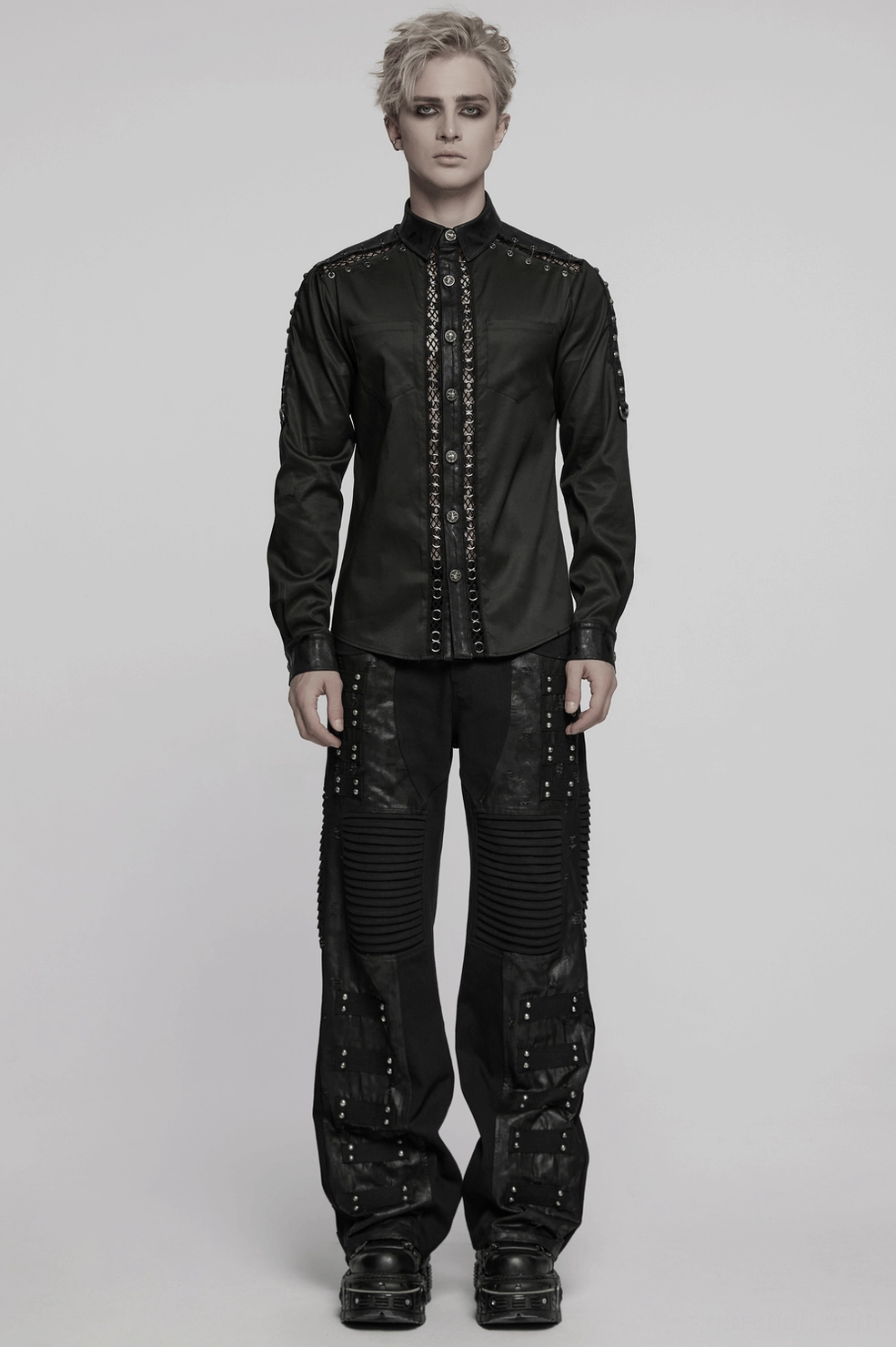 Gothic punk shirt sleeve detail highlighting fitted long sleeves with metal button cuffs and fabric construction quality