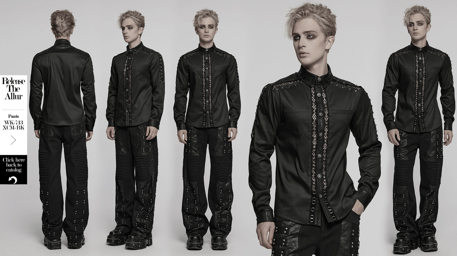 Black gothic punk shirt front three-quarter view on mannequin displaying complete architectural design with eyelet and hardware details