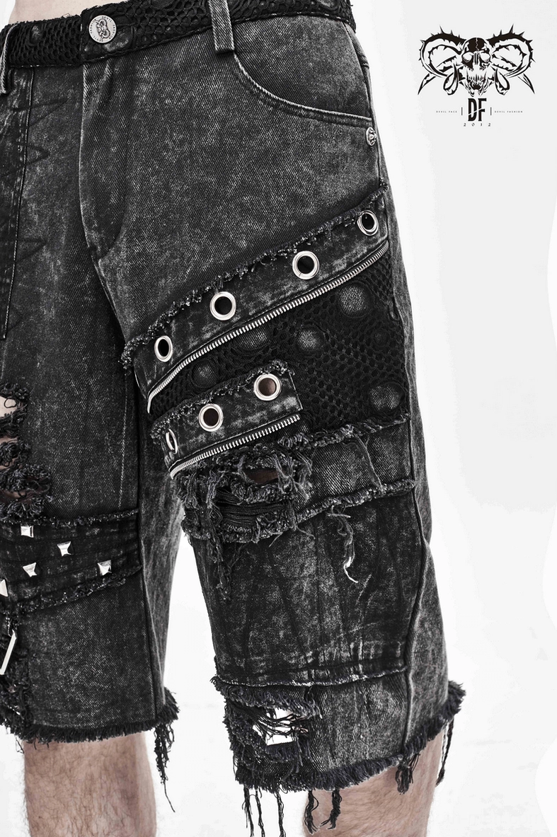 Black denim gothic punk shorts angled view displaying rivet placement distressed areas and overall alternative aesthetic