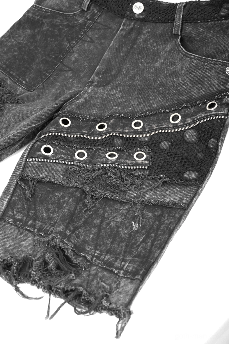 Black denim gothic punk shorts overall construction detail showing rivet placement rips and industrial metal accents