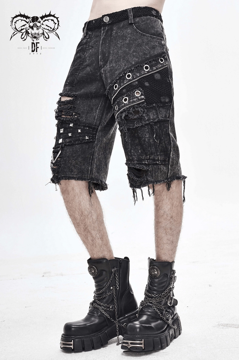Black gothic punk denim shorts showing complete design with distressed rips metal hardware and acid wash finish detail